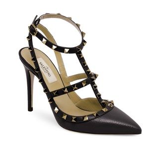 Valentino Rock-stud T Strap Matte Black Pumps NEW